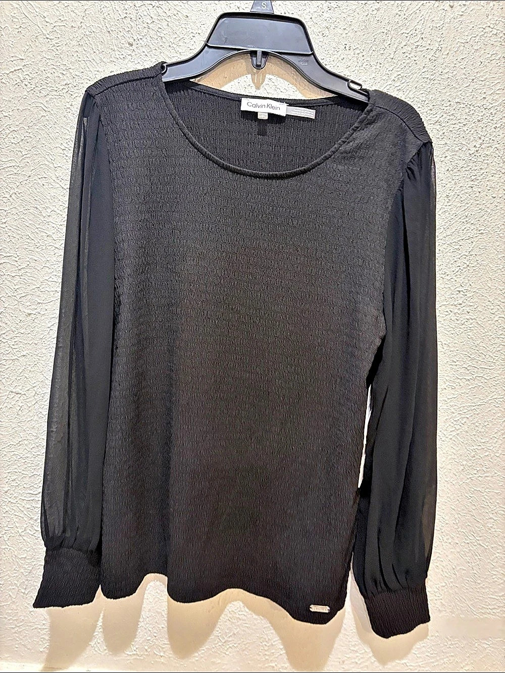 Calvin Klein Smocked Chiffon Sleeve Top Black Small